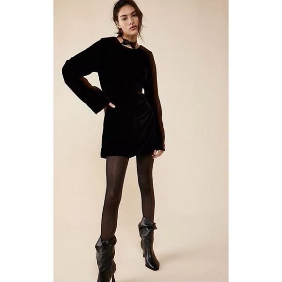 New Free People Chelsey Mini Dress VELVET $128 SMALL Black Open Back Long-Sleeve - Picture 2 of 7
